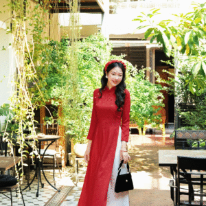 Áo dài Truyền thống Gấm Khuê Gia - Đỏ hoa rơi