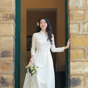 Áo dài Truyền thống Gấm Khuê Gia - Trắng dệt hoa