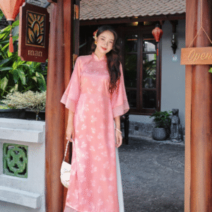 Áo dài gấm dáng suôn Yên Cảnh - Hồng dịu