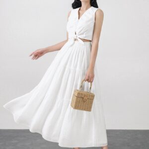 Chân váy dài vải tơ cạp chun thân váy xếp tầng tạo kiểu