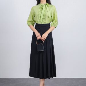 Chân váy dài công sở vải tuypxy dáng A cạp phối khuy bọc thân váy xếp ly tạo kiểu