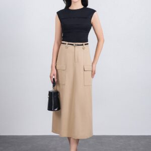 Chân váy dài công sở vải thô dáng suông thân váy có túi hộp tạo kiểu khoá thân trước