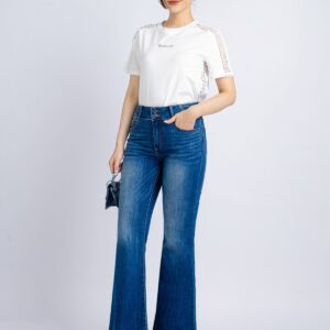 Quần jean cao cấp vải denim dáng loe ống vẩy gấu rút tua rua tạo kiểu