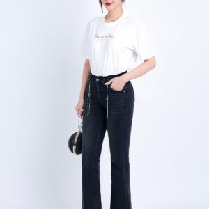 Quần Jean cao cấp vải Denim dáng loe ống vẩy kèm dây xích tạo kiểu