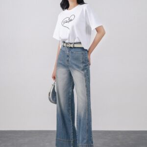 Quần jean dạo phố vải denim dáng suông ống rộng lên gấu tạo kiểu khóa thân trước