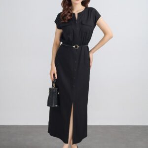 Đầm công sở vải tuyp xy dáng suông cổ tròn tay chờm thân áo đính nắp túi ốp phối khuy tạo kiểu