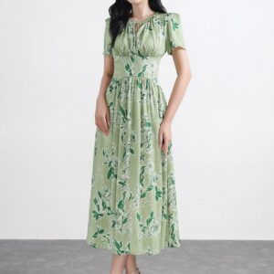 Đầm công sở vải lụa mỏng cổ trong phối dây thắt nơ tay bồng nhẹ eo phối cạp tạo kiểu khóa thân sau