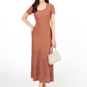 Đầm dạo phố vải len co giãn dáng suông cổ tròn tay ngắn thời trang