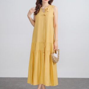 Đầm dạo phố vải thô mỏng dáng suông cổ xẻ V đính hoa 3d tạo kiểu thân váy xếp tầng thời trang