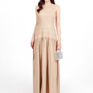 Đầm dạo phố vải linen dáng A xòe cổ tròn không tay thân váy xếp nhún tạo xoè khoá thân sau