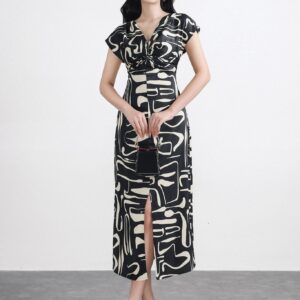 Đầm dạo phố vải lụa cổ V vặn xoắn vai chờm lưng phối dây thắt nơ tạo kiểu khoá thân sau